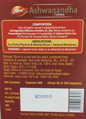 Dabur Ashwagandha Capsules Immunity Booster 20caps, Pack of 3